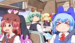 Rule 34 | &gt; &lt;, 4girls, animal ears, ascot, bird ears, black cape, blonde hair, blue bow, blue dress, blue hair, blush, bow, brown dress, brown eyes, brown headwear, cape, car interior, cirno, closed mouth, collared shirt, commentary request, dress, driving, earrings, expressionless, green eyes, green hair, hair bow, hair ribbon, hat, highres, jewelry, long sleeves, matty (zuwzi), medium bangs, multiple girls, mystia lorelei, open mouth, pinafore dress, pink bow, pink hair, red ascot, red ribbon, ribbon, rumia, rv, shirt, short hair, single earring, sleeveless, sleeveless dress, smile, suiyou dou de shou, team 9 (touhou), touhou, upper body, white shirt, winged hat, wriggle nightbug