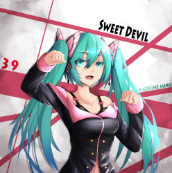 Rule 34 | 1girl, 39, aqua hair, bra, breasts, character name, colored eyelashes, english text, hatsune miku, highres, honey whip (module), lace, lace-trimmed bra, lace trim, large breasts, long hair, looking at viewer, mrnn, off shoulder, open mouth, paw pose, project diva (series), project diva f, smile, solo, sweet devil, sweet devil (vocaloid), teeth, tongue, twintails, underwear, vocaloid