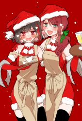 Rule 34 | 2girls, :d, apron, arm around shoulder, arm around waist, bang dream!, black hair, blush, bow, brown apron, christmas, creamer (vessel), cup, dress, earrings, fang, fur-trimmed dress, fur trim, gloves, green eyes, green ribbon, hair over shoulder, hair ribbon, hat, heart, holding, holding tray, jewelry, long hair, looking at viewer, mamaloni, mitake ran, multicolored hair, multiple girls, open mouth, pom pom (clothes), ponytail, purple eyes, red bow, red dress, red gloves, red hair, ribbon, santa costume, santa hat, saucer, short hair, sleeveless, sleeveless dress, smile, snowing, strap slip, streaked hair, sweatdrop, teacup, towel, tray, udagawa tomoe, waitress