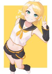 Rule 34 | 1girl, aqua eyes, armpits, bare shoulders, belt, black sailor collar, black shorts, black sleeves, blonde hair, border, bow, commentary, cropped shirt, detached sleeves, foreshortening, grin, hair bow, hair ornament, hairclip, hand up, highres, kagamine rin, leaning to the side, looking at viewer, midriff, mitora nao, musical note, musical note print, navel, neckerchief, sailor collar, shirt, short hair, shorts, sleeveless, sleeveless shirt, smile, swept bangs, thighs, treble clef, v, vocaloid, white border, white bow, white footwear, white shirt, yellow background, yellow belt, yellow neckerchief