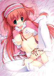 Rule 34 | 1girl, :p, absurdres, breasts, feet, frilled pillow, frills, g-string, gloves, green eyes, highres, medium breasts, no shoes, panties, pillow, red hair, solo, spread legs, thighhighs, thong, tongue, tongue out, tsurugi hagane, underwear, yuki usagi