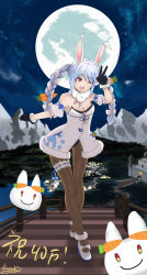 Rule 34 | 1girl, absurdres, animal ear fluff, animal ears, anklet, black gloves, blue hair, braid, breasts, bridge, brown eyes, brown pantyhose, carrot, castle, city lights, cleavage, cloud, detached sleeves, don-chan (usada pekora), dress, food in pocket, food on hair, forest, full body, fur-trimmed anklet, fur-trimmed dress, fur-trimmed gloves, fur trim, gloves, hand up, highres, hololive, huge filesize, jewelry, kazukikaidon, knees, lake, leotard, leotard under clothes, looking at viewer, mary janes, moon, mountain, multicolored hair, nature, night, night sky, one eye closed, open mouth, pantyhose, path, pekomon (usada pekora), rabbit, rabbit ears, ribbon-trimmed garter, road, shoes, short sleeves, sidelocks, signature, sky, small breasts, solo, strapless, strapless dress, thick eyebrows, thigh gap, translation request, twin braids, twintails, two-tone hair, usada pekora, usada pekora (1st costume), v, valley, village, virtual youtuber, white dress, white footwear, wooden bridge