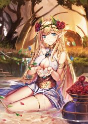 Rule 34 | 1girl, armlet, blonde hair, blue eyes, blush, braid, breasts, cleavage, earrings, elf, flower, hair flower, hair ornament, jewelry, large breasts, long hair, looking at viewer, original, parted lips, pen (steelleets), petals, pointy ears, rose, sitting, smile, solo, thigh strap, thighs, water