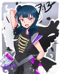 Rule 34 | 1girl, artist name, artist request, asymmetrical wings, band uniform, belt, black gloves, black hat, black shirt, black skirt, black wings, blue hair, blush, breasts, collared shirt, epaulettes, female focus, fingerless gloves, frilled sleeves, frills, gloves, hair bun, hand on own hip, hand over head, hat, highres, in the unstabe world, in the unstabe world (love live!), long hair, looking at viewer, love live!, love live! school idol festival, love live! sunshine!!, medium breasts, mini hat, miniskirt, mismatched wings, parted lips, pink eyes, plaid, plaid skirt, pleated, pleated skirt, purple eyes, purple skirt, shirt, short sleeves, shoulder pads, side bun, single hair bun, skirt, smile, solo, tsushima yoshiko, white belt, white wings, wings