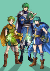 Rule 34 | 3boys, :d, armor, asbel (fire emblem), black footwear, blue cape, blue jacket, blue shirt, book, boots, brown footwear, cape, ced (fire emblem), clenched hand, fingerless gloves, fire emblem, fire emblem: genealogy of the holy war, fire emblem: the binding blade, fire emblem: thracia 776, gloves, green background, green eyes, green gloves, green hair, green shirt, green shorts, gzei, highres, holding, holding book, hood, hooded cape, jacket, long sleeves, looking at viewer, lugh (fire emblem), magic, male focus, multiple boys, nintendo, open mouth, pants, pauldrons, shadow, shirt, short hair, short sleeves, shorts, shoulder armor, simple background, sleeveless, sleeveless shirt, smile, white cape, white pants, yellow cape