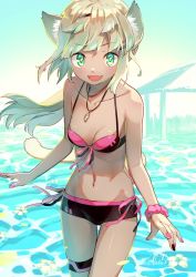 Rule 34 | 1girl, animal ear fluff, animal ears, bikini, blonde hair, breasts, cat ears, cat tail, cleavage, dark skin, dark-skinned female, female focus, green eyes, highres, jewelry, long hair, looking at viewer, midriff, mitake eil, nail polish, navel, necklace, open mouth, original, partially submerged, ponytail, scrunchie, small breasts, smile, solo, swimsuit, tail, water