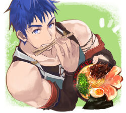 Rule 34 | 1boy, bare shoulders, blue eyes, blue hair, chopsticks, chopsticks in mouth, detached sleeves, dogi (ys), food, holding, holding food, looking at viewer, male focus, muscular, muscular male, noodles, ramen, solo, tatsumikkk, twitter username, ys, ys x nordics