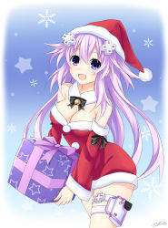 Rule 34 | absurdres, adult neptune, alex stardust, bare shoulders, blue background, breasts, christmas, cleavage, coat, collar, happy, hat, highres, large breasts, long hair, neptune (neptunia), neptune (series), open mouth, purple eyes, purple hair, red hat, ribbon, santa hat, solo, thighs