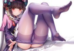 Rule 34 | 1girl, ass, blunt bangs, bonnet, capelet, clothes pull, dress, feet, frilled dress, frills, genshin impact, highres, hime cut, legs, long hair, long sleeves, munuu, pantyhose, pantyhose pull, purple hair, purple pantyhose, red eyes, simple background, solo, thighband pantyhose, thighs, toes, undressing, white background, yun jin (genshin impact)