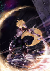 Rule 34 | animal ears, armor, ass, blonde hair, clothing cutout, fantasy earth zero, fox ears, fox tail, from behind, highres, looking back, motion lines, night, night sky, profile, ryouku, short hair, skin tight, sky, slashing, smile, solo, star (sky), starry sky, sword, tail, tail through clothes, weapon