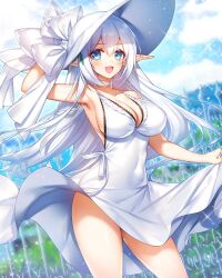 Rule 34 | 1girl, :d, arm up, armpits, bare shoulders, blue eyes, blue sky, blush, bow, breasts, choker, cleavage, collarbone, commission, covered navel, dress, halterneck, hat, hat bow, holding, large breasts, long hair, looking at viewer, munlu (wolupus), open mouth, original, outdoors, pointy ears, skeb commission, skirt hold, sky, sleeveless, sleeveless dress, smile, solo, white bow, white choker, white dress, white hair, white hat