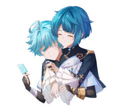 Rule 34 | 2boys, absurdres, asymmetrical bangs, blue eyes, blue hair, brooch, child, chinese clothes, chongyun (genshin impact), closed eyes, commentary request, fingerless gloves, food, frills, from behind, genshin impact, gloves, hair between eyes, happy, highres, holding, holding food, hug, hug from behind, implied yaoi, jewelry, long sleeves, male focus, multiple boys, one eye closed, popsicle, shenhairanyu, short hair, simple background, smile, teeth, white background, xingqiu (genshin impact)