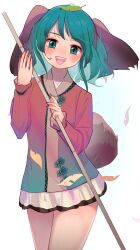 Rule 34 | 1girl, absurdres, animal ears, blush, cowboy shot, dog ears, dog tail, dress, falling leaves, green eyes, green hair, highres, housulu, kasodani kyouko, leaf, leaf on head, long sleeves, medium hair, open mouth, pink dress, simple background, smile, solo, tail, touhou, white background