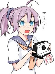 Rule 34 | 1girl, ahoge, aoba (kancolle), blue eyes, blue scrunchie, camera, commentary request, hamukiyo, highres, holding, holding camera, kantai collection, neckerchief, photo (object), polaroid, ponytail, purple hair, purple sailor collar, sailor collar, school uniform, scrunchie, serafuku, short hair, simple background, solo, upper body, white background, yellow neckerchief