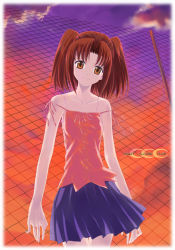Rule 34 | 00s, 1girl, artist request, bare shoulders, blue skirt, brown hair, chain-link fence, cloud, fence, orange eyes, pleated skirt, shirotsumekusa, short twintails, skirt, sky, sleeveless, solo, source request, standing, summer, sunset, tsukihime, twilight, twintails, two side up, wind, yumizuka satsuki