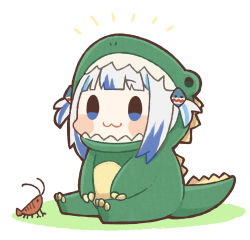 Rule 34 | 1girl, :3, blue eyes, blunt bangs, blush stickers, chibi, commentary, dinosaur costume, gawr gura, highres, hololive, hololive english, hood, hood up, multicolored hair, same anko, shrimp, sitting, smile, solo, streaked hair, symbol-only commentary, tail, two-tone hair, two side up, virtual youtuber, white hair