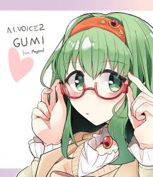 Rule 34 | a.i. voice, adjusting eyewear, blush, brooch, glasses, green eyes, green hair, gumi, gumi (a.i. voice), hairband, heart, highres, jewelry, long sleeves, looking at viewer, nail polish, pachio (patioglass), parted lips, red-framed eyewear, sweater, vocaloid