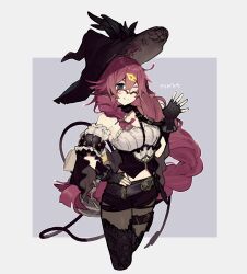 Rule 34 | 1girl, absurdres, black gloves, black pantyhose, black shorts, black thighhighs, black vest, blunt ends, braid, braided ponytail, closed mouth, commentary, cropped legs, dorothy (sinoalice), fingerless gloves, glasses, gloves, harness, hat, highres, long hair, looking at viewer, merry-san, one eye closed, pantyhose, pantyhose under shorts, purple background, purple eyes, purple hair, shirt, shorts, side braid, simple background, sinoalice, smile, solo, thighhighs, translation request, very long hair, vest, white background, white shirt, witch hat