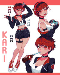 Rule 34 | 1girl, absurdres, breasts, character name, choker, cleavage, controller, cropped jacket, drinking straw, fingerless gloves, game controller, gloves, headset, highres, holding, holding controller, holding game controller, jacket, kari kozhevnikova, looking at viewer, midriff, open clothes, open jacket, open mouth, pixel art, red eyes, red hair, short hair, shorts, simple background, solo, white background, yumykon, yumyverse