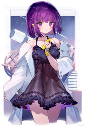 Rule 34 | 1girl, ainy, book, book stack, casual, crescent, crescent hair ornament, cropped legs, earrings, flower, hair ornament, highres, jewelry, lily of the valley, lingerie, looking at viewer, nail polish, negligee, off shoulder, original, parted lips, purple eyes, purple hair, purple nails, shooting star, short hair, solo, telescope, thighs, twitter username, underwear, window