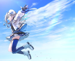 Rule 34 | 1girl, amane kanata, amane kanata (work), angel, angel wings, beret, black gloves, black shirt, black skirt, blue hair, blue skirt, blue sky, blue thighhighs, blush, cloud, cloudy sky, day, feathered wings, fingerless gloves, flat chest, from side, full body, gloves, hair between eyes, hair ornament, hairclip, halo, hat, highres, hololive, jacket, jumping, kito koruta, lens flare, long sleeves, medium hair, multicolored hair, official alternate costume, open clothes, open jacket, open mouth, outdoors, outstretched arm, pink hair, profile, purple eyes, rainbow, shirt, shoes, signature, silver hair, single thighhigh, skirt, sky, smile, sneakers, solo, streaked hair, thigh strap, thighhighs, thighs, two-tone skirt, virtual youtuber, white footwear, white hat, white jacket, wings