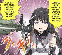 Rule 34 | 10s, 1girl, akemi homura, banboro (technobot), black hair, blush, female focus, gradient background, hairband, hard-translated, high-explosive anti-tank (warhead), long hair, mahou shoujo madoka magica, man-portable anti-tank systems, purple eyes, rocket-propelled grenade, rocket (projectile), rocket launcher, rpg, rpg-7, rpg (weapon), smile, solo, third-party edit, thumbs up, translated, truth, weapon