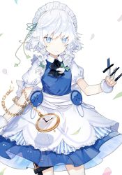 Rule 34 | 1girl, apron, bad id, bad twitter id, between fingers, black ribbon, blue dress, blue eyes, blush, bow, braid, breasts, buttons, chain, clenched hand, commentary request, cowboy shot, dress, green bow, green ribbon, hair bow, hair ribbon, holding, holding knife, holding weapon, holster, izayoi sakuya, knife, knives between fingers, leaf, light particles, looking at viewer, maid, maid apron, maid headdress, neck ribbon, nuudoru, petals, pocket watch, puffy short sleeves, puffy sleeves, ribbon, shirt, short hair, short sleeves, silver hair, simple background, small breasts, smile, solo, standing, thigh holster, thighs, touhou, twin braids, waist apron, watch, weapon, white apron, white background, white shirt, wing collar, wrist cuffs