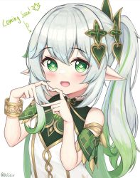 Rule 34 | 1girl, :d, bare shoulders, blush, bracer, colored tips, commentary, cross-shaped pupils, detached sleeves, dress, english text, genshin impact, gold trim, green eyes, green hair, hair ornament, hands up, heart, heart hands, highres, long hair, looking at viewer, multicolored hair, nahida (genshin impact), open mouth, pointy ears, revision, short sleeves, side ponytail, sidelocks, sleeveless, sleeveless dress, smile, solo, streaked hair, symbol-only commentary, symbol-shaped pupils, twitter username, two-tone hair, upper body, vellistix, white background, white dress, white hair