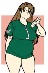 1girl alcohol american_football azumanga_daiou beer beer_bottle bottle breasts brown_eyes brown_hair glasses highres holding holding_bottle large_breasts long_hair massgrave_art mizuhara_koyomi national_football_league no_pants philadelphia_eagles plump sportswear thick_thighs thighs