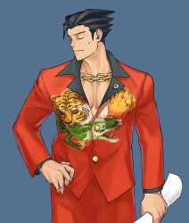 Rule 34 | 1boy, ace attorney, alternate costume, artist name, black hair, black shirt, blue background, buttons, capcom, chain, chain necklace, closed mouth, collarbone, cosplay, cowboy shot, dated, closed eyes, forehead, furio tigre, furio tigre (cosplay), godzillapigeon1, gold chain, hand on own hip, highres, holding, holding paper, jacket, large pectorals, long sleeves, male focus, necklace, nervous, no shirt, pants, paper, pectoral cleavage, pectorals, phoenix wright, phoenix wright: ace attorney - trials and tribulations, pin, red jacket, red pants, shirt, short hair, signature, simple background, solo, spiked hair, standing, sweat
