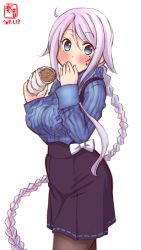 Rule 34 | 1girl, alternate costume, artist logo, black pantyhose, black skirt, blue eyes, blue sweater, blush, braid, bread, breasts, commentary request, cowboy shot, dated, food, hair between eyes, hair over shoulder, hair tie, highres, kanon (kurogane knights), kantai collection, large breasts, long hair, long sleeves, looking at viewer, mole, mole under eye, pantyhose, revision, ribbed sweater, signature, silver hair, simple background, single braid, skirt, solo, suspender skirt, suspenders, sweater, umikaze (kancolle), very long hair, white background