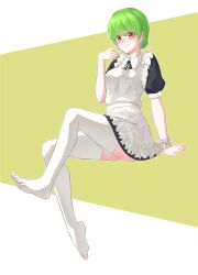 Rule 34 | 1girl, absurdres, apron, arm support, black dress, blush, buyange, collared dress, commentary request, dress, feet, frilled apron, frills, full body, green hair, hand up, highres, invisible chair, korean commentary, legs, looking at viewer, maid, maid apron, medium hair, neck ribbon, no shoes, orange eyes, original, parted lips, puffy short sleeves, puffy sleeves, ribbon, scrunchie, short dress, short sleeves, sitting, skindentation, solo, thighhighs, thighs, toes, two-tone background, white ribbon, white thighhighs, wrist scrunchie