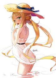Rule 34 | 10s, 1girl, :d, blonde hair, dress, hat, in water, kantai collection, looking at viewer, open mouth, orihi chihiro, satsuki (kancolle), smile, solo, straw hat, twitter username, wading, wet, wet clothes, yellow eyes
