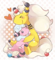 Rule 34 | &gt; &lt;, ampharos, blush, closed mouth, commentary request, creatures (company), closed eyes, flaaffy, game freak, gen 2 pokemon, heart, holding, holding pokemon, hug, hug from behind, mega ampharos, mega pokemon, nintendo, no humans, pokemon, pokemon (creature), signature, sitting, smile, tansho