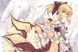 Rule 34 | 1girl, ahoge, armor, armored dress, artoria pendragon (fate), bare shoulders, blonde hair, bow, caliburn (fate), detached sleeves, drawing sword, dress, fate/unlimited codes, fate (series), gauntlets, glint, green eyes, hair bow, holding, holding sword, holding weapon, long hair, ponytail, riyun (halodark), saber (fate), saber lily, sheath, solo, sword, unsheathing, weapon