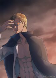 Rule 34 | 1boy, abs, blonde hair, curry gohan, donquixote doflamingo, earrings, jacket on shoulder, jewelry, male focus, one piece, open clothes, open shirt, outdoors, shirt, short hair, solo, sunglasses, sunset