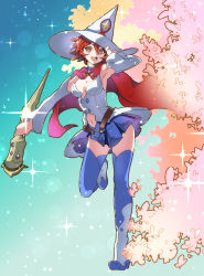 Rule 34 | 10s, 1girl, :d, armpits, bare shoulders, blue skirt, boots, breasts, cape, cleavage, detached sleeves, full body, hand on headwear, hat, highres, knee boots, little witch academia, looking at viewer, medium breasts, navel, open mouth, pleated skirt, red cape, red eyes, red hair, shiny chariot, short hair, skirt, sleeveless, smile, solo, sparkle, toriol 3, witch, witch hat