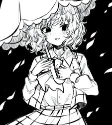 Rule 34 | 1girl, ascot, black background, blush, buttons, collared shirt, greyscale, highres, holding, holding umbrella, kazami yuuka, long sleeves, looking at viewer, monochrome, open mouth, plaid, plaid skirt, plaid vest, shirt, short hair, simple background, sketch, skirt, smile, solo, touhou, umbrella, vest, yoma (lycoris109)