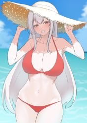 Rule 34 | 1girl, absurdres, adjusting clothes, adjusting headwear, beach, bikini, breasts, cleavage, collarbone, hat, highres, kantai collection, large breasts, long hair, looking at viewer, navel, ocean, outdoors, red bikini, red eyes, shoukaku (kancolle), sidelocks, silver hair, skindentation, solo, standing, sun hat, swimsuit, takaman (gaffe)