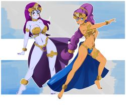 Rule 34 | 2girls, alternate costume, anklet, arm at side, armlet, artist request, bare shoulders, barefoot, blue eyes, blue skin, blush, braid, braided ponytail, breasts, cleavage, closed mouth, colored skin, dancer, dancer shantae, dancing, dark-skinned female, dark skin, earrings, eyeshadow, female focus, full body, hand on own hip, happy, huge breasts, jewelry, large breasts, long hair, looking at viewer, lots of jewelry, makeup, medium breasts, midriff, multiple girls, nail polish, naughty face, navel, neck ring, open mouth, outstretched arm, pelvic curtain, purple eyeshadow, purple hair, red eyes, revealing clothes, risky boots, round teeth, serious, shantae, shantae (series), smile, standing, straight hair, strapless, teeth, thighlet, tiara, upper body, very long hair