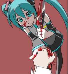 Rule 34 | 1girl, black skirt, black sleeves, black thighhighs, blood, blood on face, blood on hands, bloody knife, blue eyes, blue hair, blue necktie, collared shirt, detached sleeves, dutch angle, expressionless, feet out of frame, grey shirt, hair ornament, hand up, hatsune miku, headset, holding, holding hands, holding knife, knife, leaning forward, long hair, looking at viewer, necktie, open mouth, outstretched hand, pleated skirt, pov, pov hands, red background, shirt, simple background, skirt, sleeveless, sleeveless shirt, solo focus, thighhighs, tkwkai, twintails, vocaloid