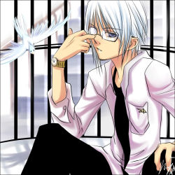 Rule 34 | adjusting glasses, animal, bird, birdcage, blue eyes, cage, feathers, flying, formal, gem2niki (deviantart), glasses, lens glare, necktie, open clothes, open shirt, original, pants, pocket, serious, shadow, short hair, simple background, sitting, tail, watch, white hair, wristwatch