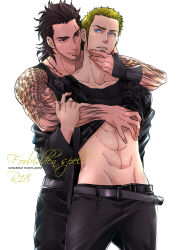 Rule 34 | 2boys, abs, arm tattoo, bara, belt, black pants, black shirt, clothes lift, cor leonis, couple, cover, cover page, doujin cover, facial hair, final fantasy, final fantasy xv, gladiolus amicitia, hair slicked back, hand on another&#039;s arm, hand on another&#039;s chin, head grab, konpane (ohj), lifting another&#039;s clothes, long sideburns, male focus, mature male, multiple boys, muscular, muscular male, open belt, pants, reach-around, scar, scar across eye, seductive smile, shirt, shirt lift, short hair, sideburns, smile, stomach, stubble, tattoo, thick eyebrows, toned, toned male, undercut, yaoi