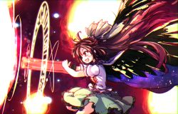 Rule 34 | 1girl, arm cannon, black wings, blush, bow, brown hair, cape, control rod, explosion, feathered wings, firing, frilled skirt, frills, from side, green skirt, hair bow, isu (is88), long hair, magic circle, open mouth, red eyes, reiuji utsuho, shirt, short sleeves, skirt, solo, starry sky print, touhou, weapon, white shirt, wings