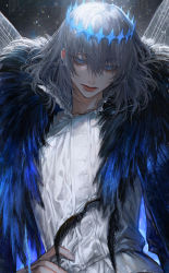 Rule 34 | 1boy, arthropod boy, au (d elete), blue eyes, cape, closed mouth, commentary, crown, diamond hairband, english commentary, fate/grand order, fate (series), fingernails, fur-trimmed cape, fur trim, grey hair, hand on own hip, high collar, highres, insect wings, lips, male focus, medium hair, oberon (fate), oberon (third ascension) (fate), resolution mismatch, shirt, signature, solo, source larger, spoilers, standing, twitter username, upper body, white shirt, wings