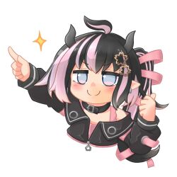 Rule 34 | 1girl, ahoge, belt, belt collar, black belt, black hair, black jacket, black sleeves, blue eyes, blush, bra, closed mouth, collar, demon girl, demon horns, detached sleeves, earrings, flat chest, flower, grey horns, hair flower, hair ornament, hair ribbon, horns, jacket, jewelry, kica28v, long hair, long sleeves, looking at viewer, multicolored hair, nanashi inc., off shoulder, oinomori may, oinomori may (1st costume), one side up, open clothes, open jacket, pink bra, pink hair, pink ribbon, pointing, pointing up, pointy ears, ribbon, simple background, single earring, sleeveless, sleeveless jacket, smile, solo, sparkle, sugar lyric, two-tone hair, underwear, upper body, virtual youtuber, white background
