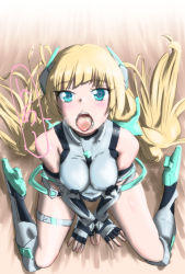 Rule 34 | 1girl, angela balzac, aqua eyes, bare shoulders, blonde hair, blush, bodysuit, boots, breasts, breath, from above, headgear, heart, heart-shaped pupils, large breasts, leotard, long hair, looking at viewer, open mouth, rakuen tsuihou, sitting, solo, sowwa, symbol-shaped pupils, tongue, tongue out, twintails, very long hair, wariza