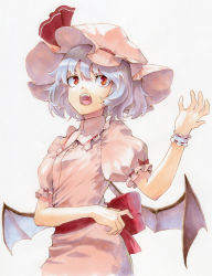 Rule 34 | 1girl, back bow, bat wings, blue hair, bow, commentary request, dress, fangs, hand up, hat, hat ribbon, highres, mob cap, open mouth, pink dress, pink hat, puffy short sleeves, puffy sleeves, red bow, red eyes, red ribbon, remilia scarlet, ribbon, shiratama (hockey), short hair, short sleeves, simple background, solo, touhou, upper body, white background, wings, wrist cuffs