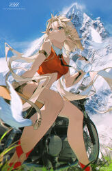 Rule 34 | 1girl, absurdres, armlet, black gloves, black necktie, blonde hair, blue eyes, blue sky, bottle, breasts, chinese commentary, closed mouth, collared shirt, cropped shirt, day, english text, feet out of frame, fingerless gloves, glasses, gloves, grass, hair spread out, highres, holding, holding bottle, long hair, looking afar, looking up, medium breasts, motor vehicle, motorcycle, mountain, necktie, on motorcycle, original, outdoors, plastic bottle, pointy ears, red footwear, red shirt, shirt, shorts, sitting, sky, sleeveless, sleeveless shirt, solo, stomach, tail, thigh strap, very long hair, weibo logo, weibo watermark, z3zz4