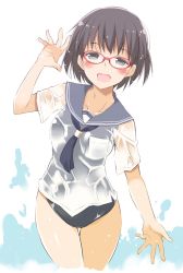 Rule 34 | 1girl, :d, arm at side, arm up, black hair, black one-piece swimsuit, blush, collarbone, cowboy shot, cropped legs, glasses, grey eyes, looking at viewer, ohta yuichi, one-piece swimsuit, open mouth, original, pocket, red-framed eyewear, see-through, shiny skin, shirt, short hair, short sleeves, simple background, smile, solo, standing, swimsuit, thigh gap, waving, wet, wet clothes, wet shirt, white background, white shirt